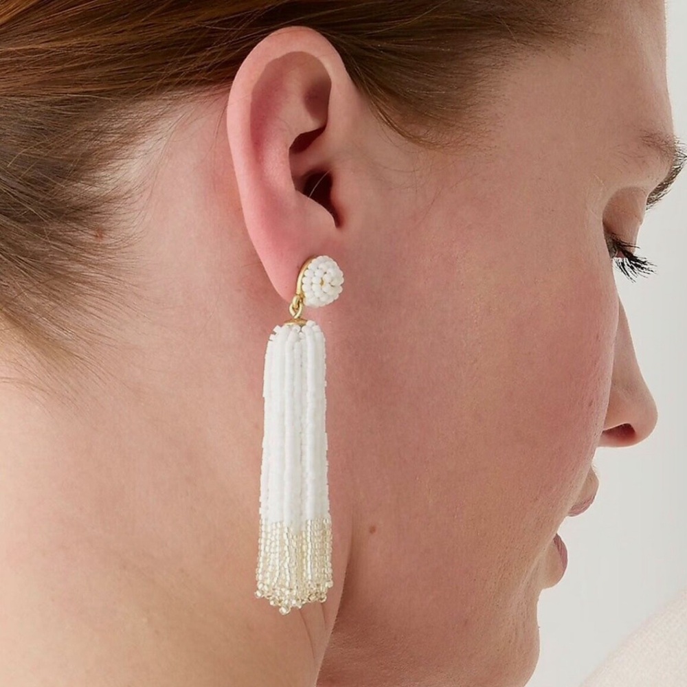 J. Crew Beaded Tassel Earrings White, Silver
